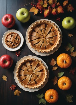 Three pies, apples, and pumpkins sit on a dark wood table