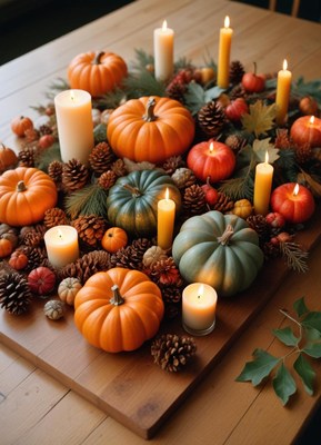A festive fall centerpiece with pumpkins and candles