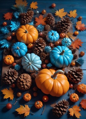 Pumpkins and pinecones are scattered across a wooden table