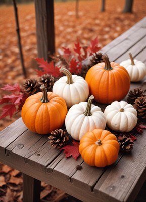 Pumpkins and pine cones on a wooden bench