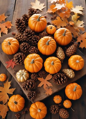 Pumpkins and pine cones on a wooden board