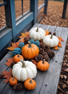 Pumpkins and pine cones on a wooden bench in the fall