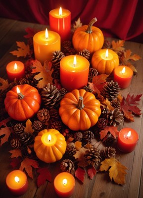 Fall centerpiece with pumpkins, candles, and pinecones