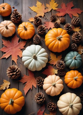 Fall pumpkins and pinecones on a wooden table