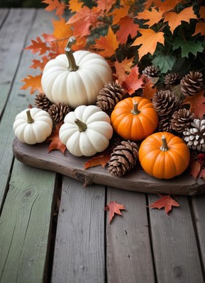 Pumpkins and pine cones on a wooden table