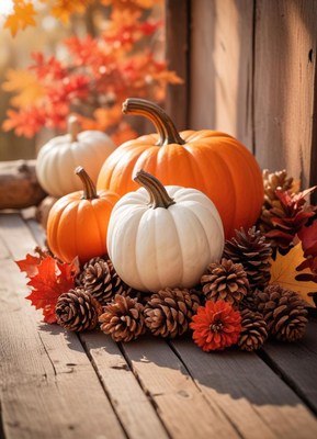 Autumn display of pumpkins, pinecones, and leaves