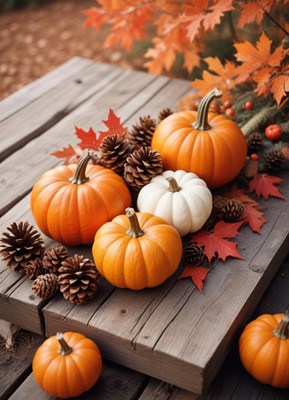 Pumpkins, pine cones, and leaves on a wooden table
