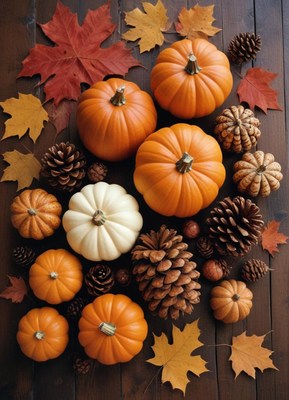 Fall arrangement of pumpkins, pinecones, and leaves