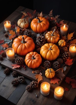 â€œcozy fall centerpiece: pumpkins, pinecones, candles.â€