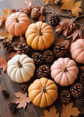 Colorful pumpkins on a wooden table