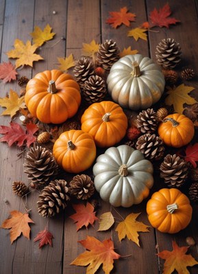 Pumpkins and pinecones on a wooden table with autumn leaves