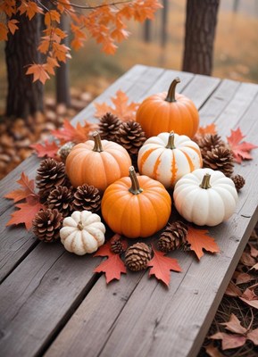 Pumpkins, pine cones, and fall leaves on a wooden table