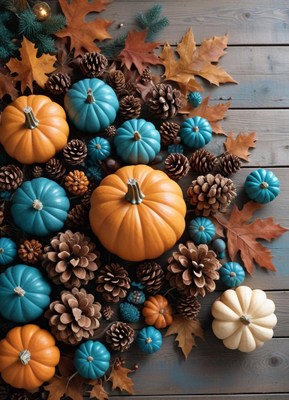 Pumpkins, pine cones, and leaves on wood