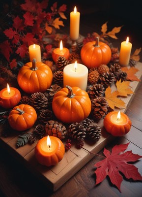 Fall table setting with pumpkins and candles