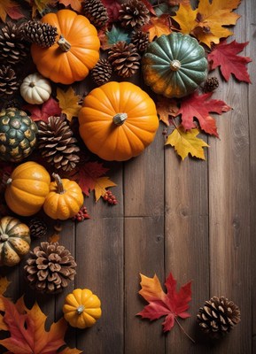 Pumpkins, pinecones, and leaves on a wooden surface
