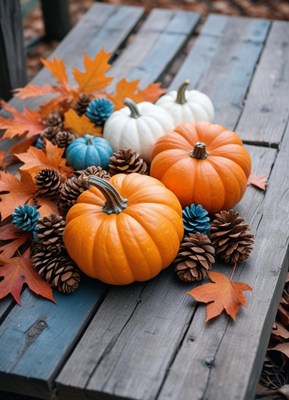 Pumpkins and pine cones on a wooden table