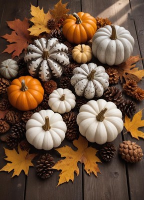 Fall pumpkins and pine cones on a wooden table