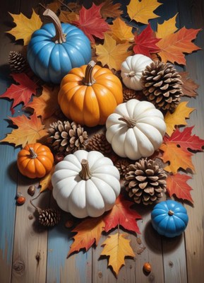 Pumpkins and pinecones on a wooden table