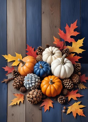 Pumpkins and leaves form a festive autumn display
