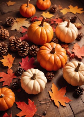Pumpkins and leaves on a wooden table