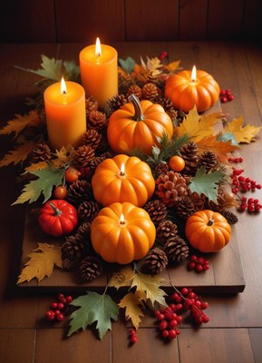 Small pumpkins and candles are arranged on a wooden table