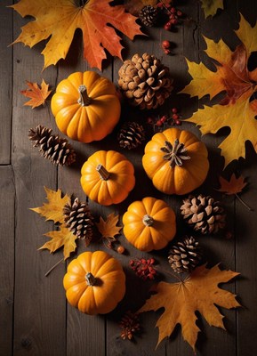 Fall scene: pumpkins, pine cones, and leaves