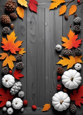 Fall leaves and pumpkins on a wooden table