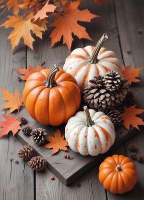 A group of pumpkins and pine cones on a wooden table