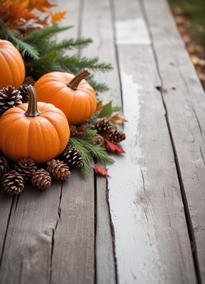 Pumpkins and pine cones on a weathered surface