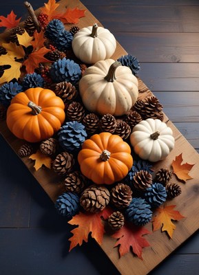 Autumn centerpiece of pumpkins, pine cones, and leaves
