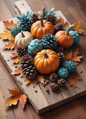 Pumpkins, pine cones, and leaves on a wooden board