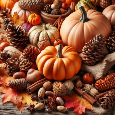 Fall leaves with pumpkins, pinecones, and nuts