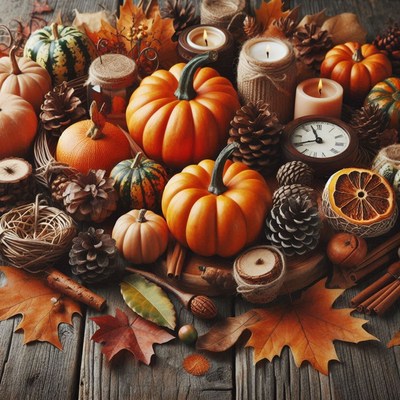 Pumpkins, pinecones, and candles create a warm fall scene