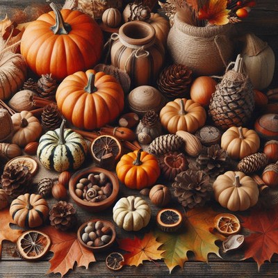 Pumpkins, pinecones, and leaves create a festive fall scene