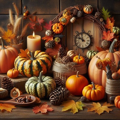 Rustic autumn scene with pumpkins and pinecones