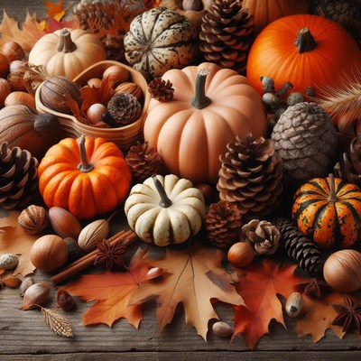 A wooden surface is covered in a variety of autumnal items