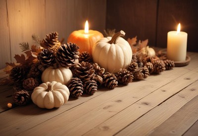 A rustic fall centerpiece with pumpkins and pine cones