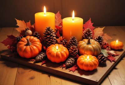 A festive fall centerpiece with candles and pumpkins