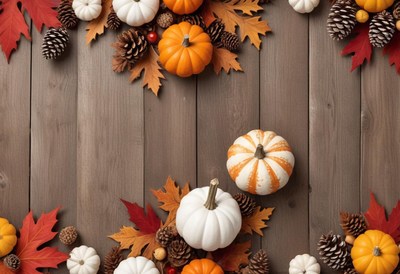 Pumpkins and leaves on a rustic wooden surface