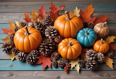 Pumpkins and pine cones create a festive fall display