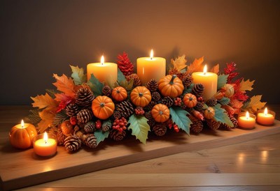 A fall centerpiece with candles and gourds