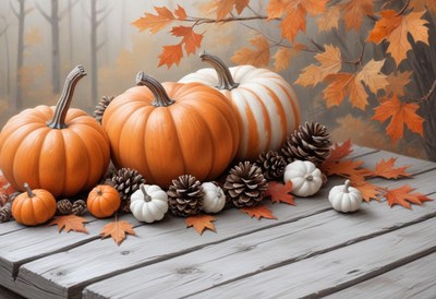 Pumpkins and pinecones on a wooden table with fall leaves