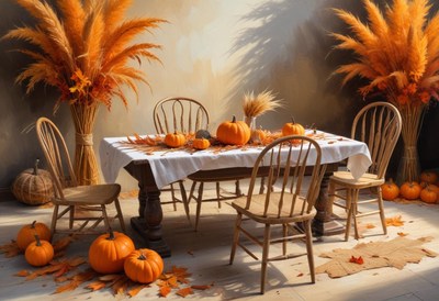 A rustic table is set for a fall dinner