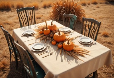 Rustic fall dinner table with pumpkins and wheat