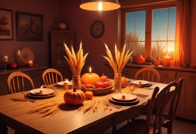 A cozy fall dining table, set with pumpkins and wheat