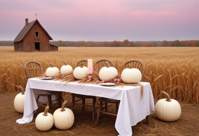A white tablecloth covers a wooden table set with chairs