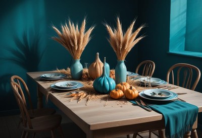 A fall table setting with pumpkins and wheat