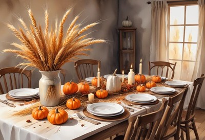 A rustic dining table is set for a fall gathering