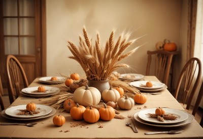 A fall-themed table setting with wheat and pumpkins