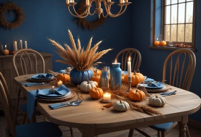 Fall table setting with pumpkins, candles, and wheat